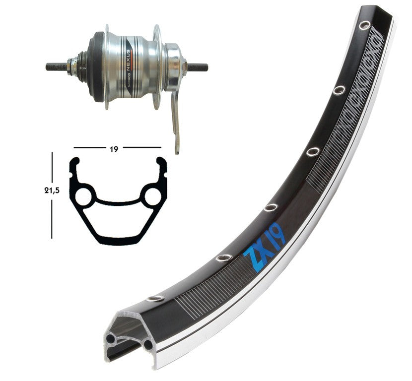 r.post.28x1.75 Shim.,7 Gänge,36 Löcher ZX 19 Farbe Schwarz/Silber, Niro Speichen