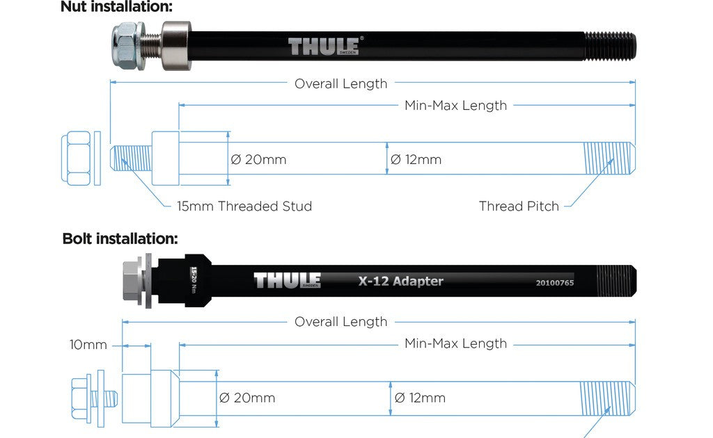 Adatt. perno Thule Syntace X-12 M12x1,0 217 o 229mm, dado di fiss.