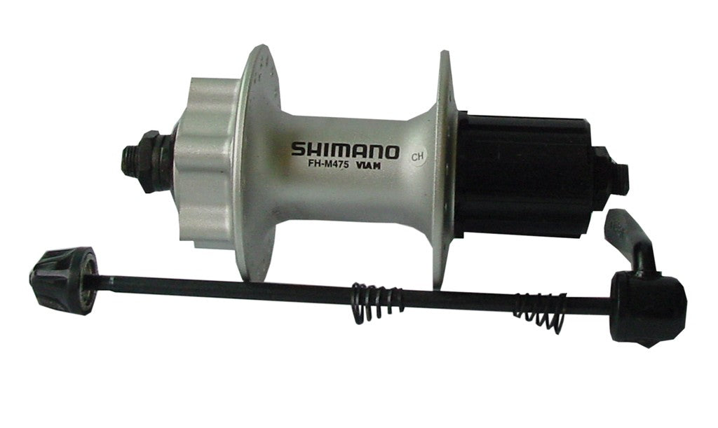Buje de freno de disco Shimano FHM475 RP de 135 mm, 32 orificios, plateado, 8/9 velocidades, adaptador de 6 orificios