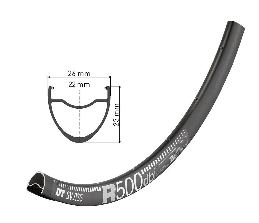 Llanta DT Swiss R 500 DB de 28", negra, 28 agujeros, 622-22, LV 6,5 mm