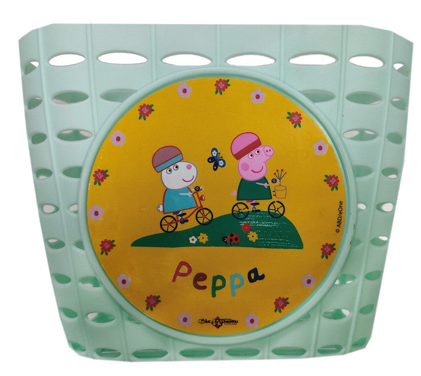 Cesta infantil BikeFash. Peppa Pig turquesa, con decoración.