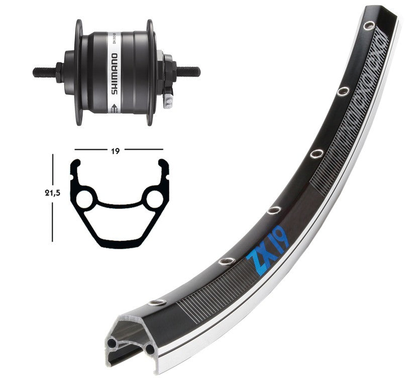 Rechts vorne 26x1,75 schwarzer Nabendynamo, 36 Loch ZX 19 Felge schwarz/silber, Nickel-Speichen, feste Achse