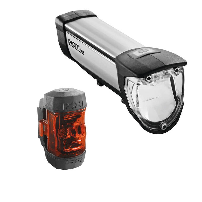 Juego de luces LED a batería b&amp;m Ixon Core/Ixxi, 50 Lux, plata, con soporte