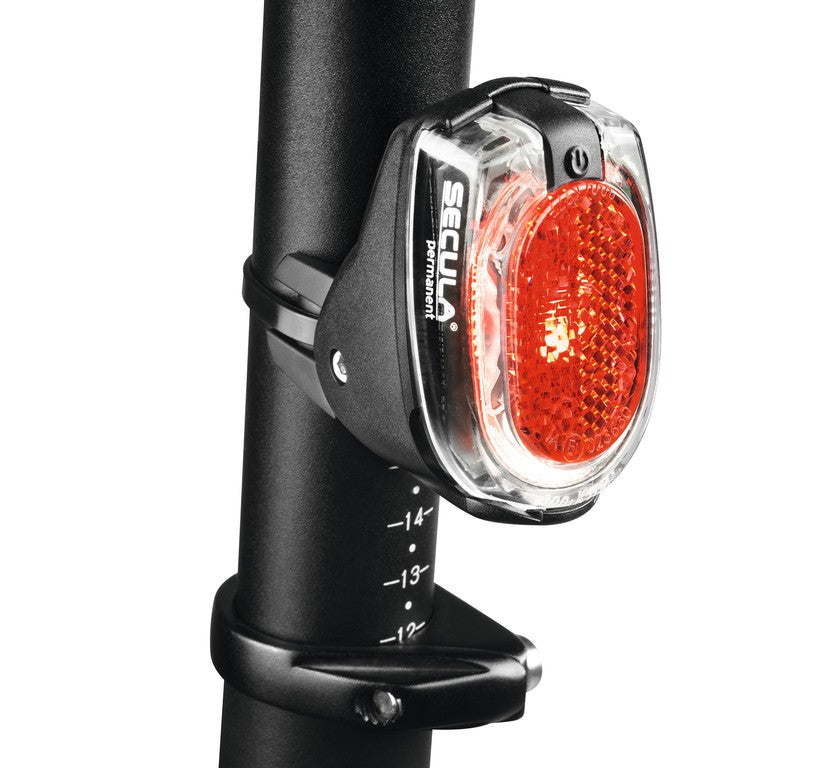 Luz trasera LED B&amp;M Secula alimentada por batería, montaje en tija de sillín/tirante