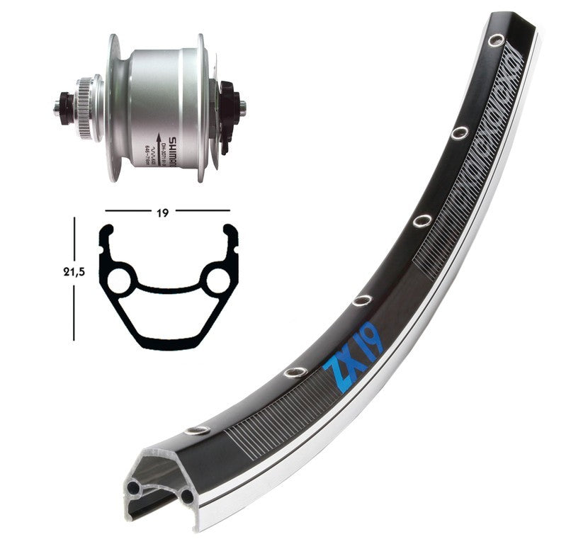 Vorderrad 28x1,75 Dynamo DH3D72 QR 36f ZX 19 schwarz/silber Edelstahl - Centerlock Speichen