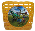 Cesta infantil Bike Fashion T-Rex World amarilla con decoración de dinosaurio