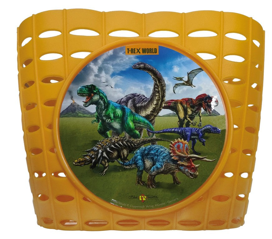 Cesta infantil Bike Fashion T-Rex World amarilla con decoración de dinosaurio