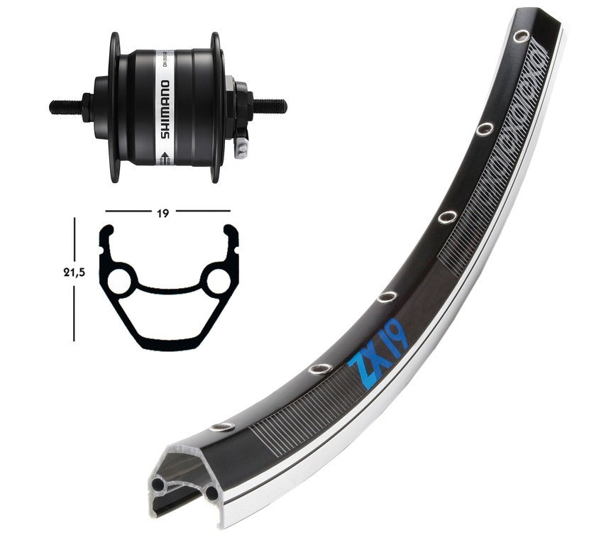 Vorderrad 26 x 1,75, schwarze Dynamo-Nabe, 36f ZX 19, schwarz/silber, schwarze Speichen, feste Achse