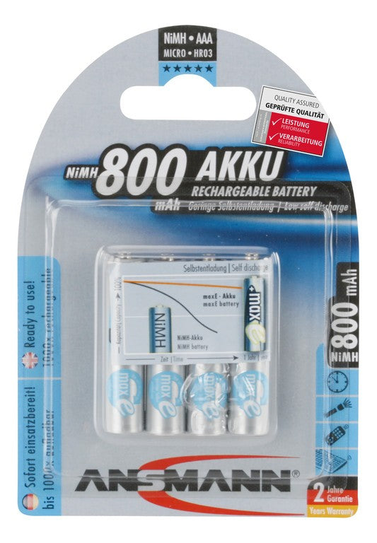 Batteria Ansmann Micro 800mAh NiMH, 1,2V, AAA, Set da 4