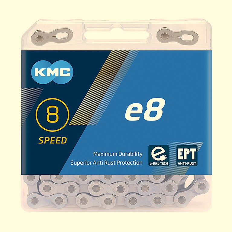 Catena KMC e8 EPT per e-bike 1/2" x 3/32", 122 maglie, 7,3mm, 8v.