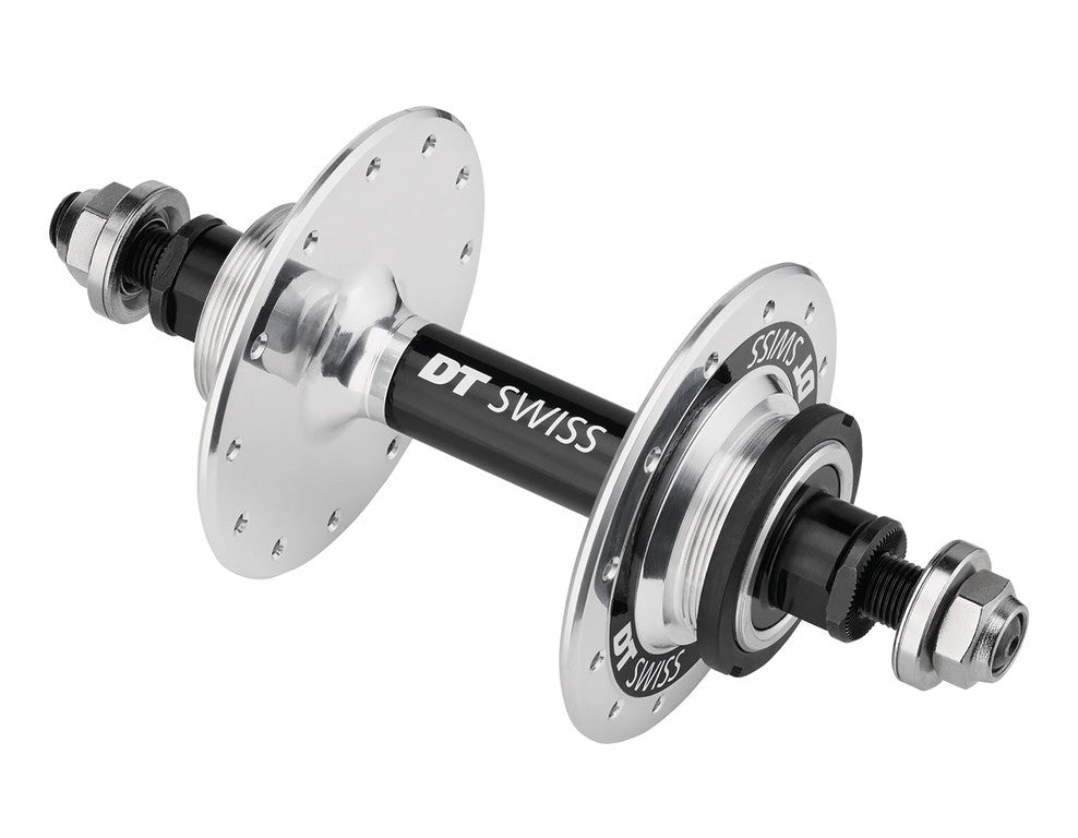 Buje DT Swiss 370 Track sin disco RP, 120/10 mm, perno pasante, 24 orificios, pulido plateado.