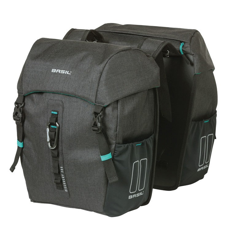 Bolsa doble Basil Discovery 365D M, negra, cuerpo a cuerpo, 30 x 14 x 31 cm, 18 l