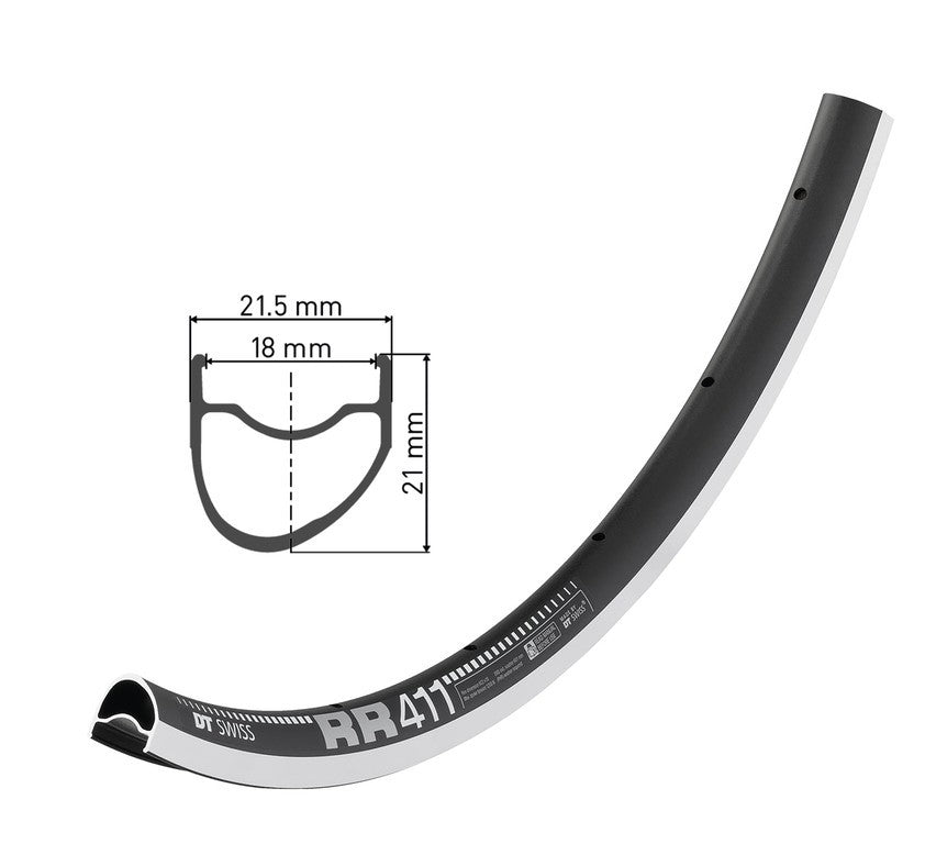 Llanta asimétrica DT Swiss RR 411, 28", negra, 32 agujeros, 622-18, LV 6,5 mm