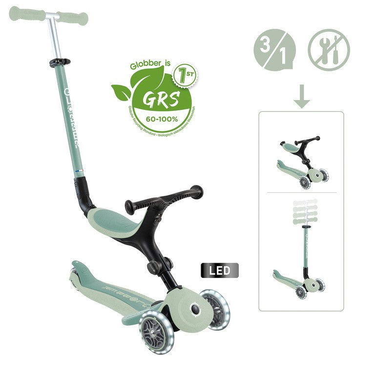 Patinete ecológico Globber GoUp ActiveLights, color pistacho, 120/80 mm, con ruedas iluminadas