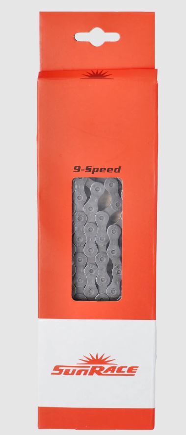 Cadena SunRace de 1/2" x 11/128", 116 eslabones, 9 velocidades, gris