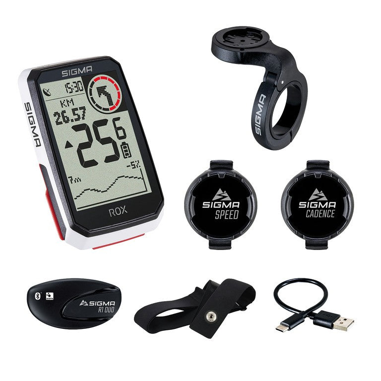 Ciclocomputador Sigma Rox 4.0 Sender Set color blanco, con velocidad + frecuencia de tarjeta + frecuencia de pedal.