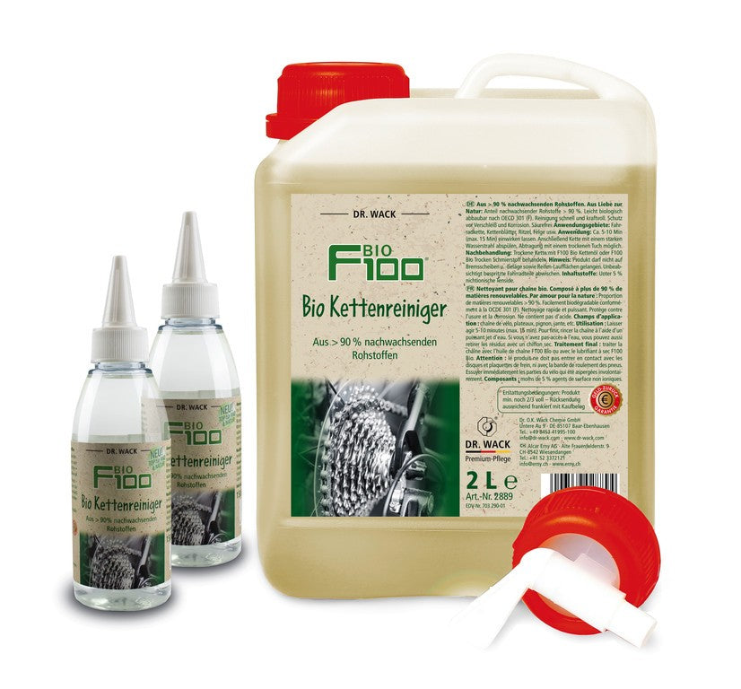 Kettenreiniger F100 Bio 2l-Kanister mit Ablasshahn + 2 leere Flaschen