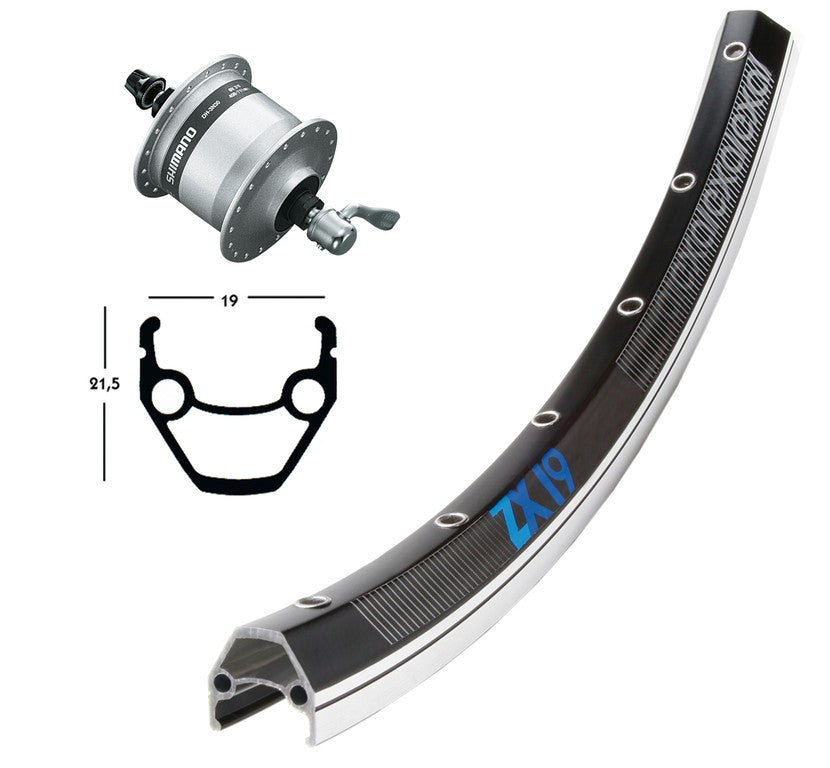 Vorderreifen 28x1,75 DIN, MOZZ DH3N30, Schnellspanner, 36-Loch-Felge ZX 19, schwarz/silber, Niro-Speichen, Schnellspanner